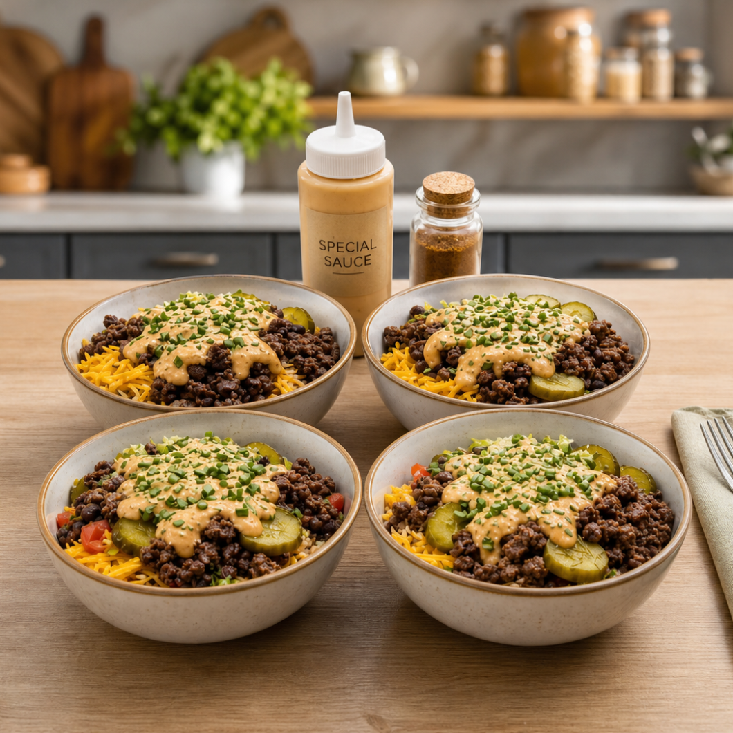 Keto Big Mac Cheeseburger Protein Bowl